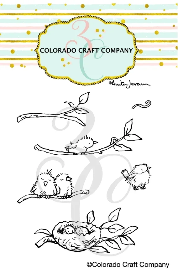 Colorado Craft Company AJ818 Anita Jeram~ Tiny Birds Worm 4 X 4 Clear Stamps