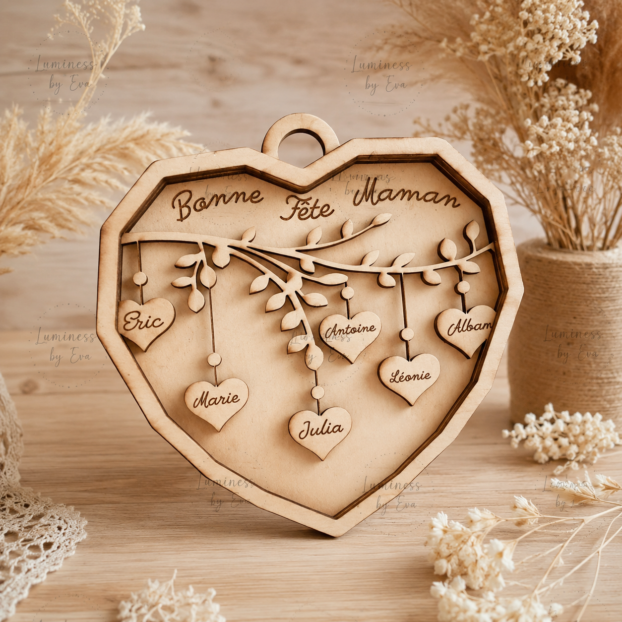 🌸 Cœur personnalisé “Bonne fête Maman” – Prénoms famille 🌸