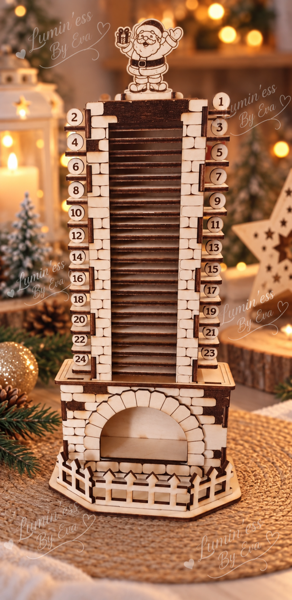 🎄 Compte à rebours de Noël en bois – Cheminée avec Père Noël 🎅