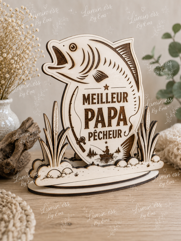 🐟 Trophée en bois – Meilleur Papa Pêcheur 🐟
