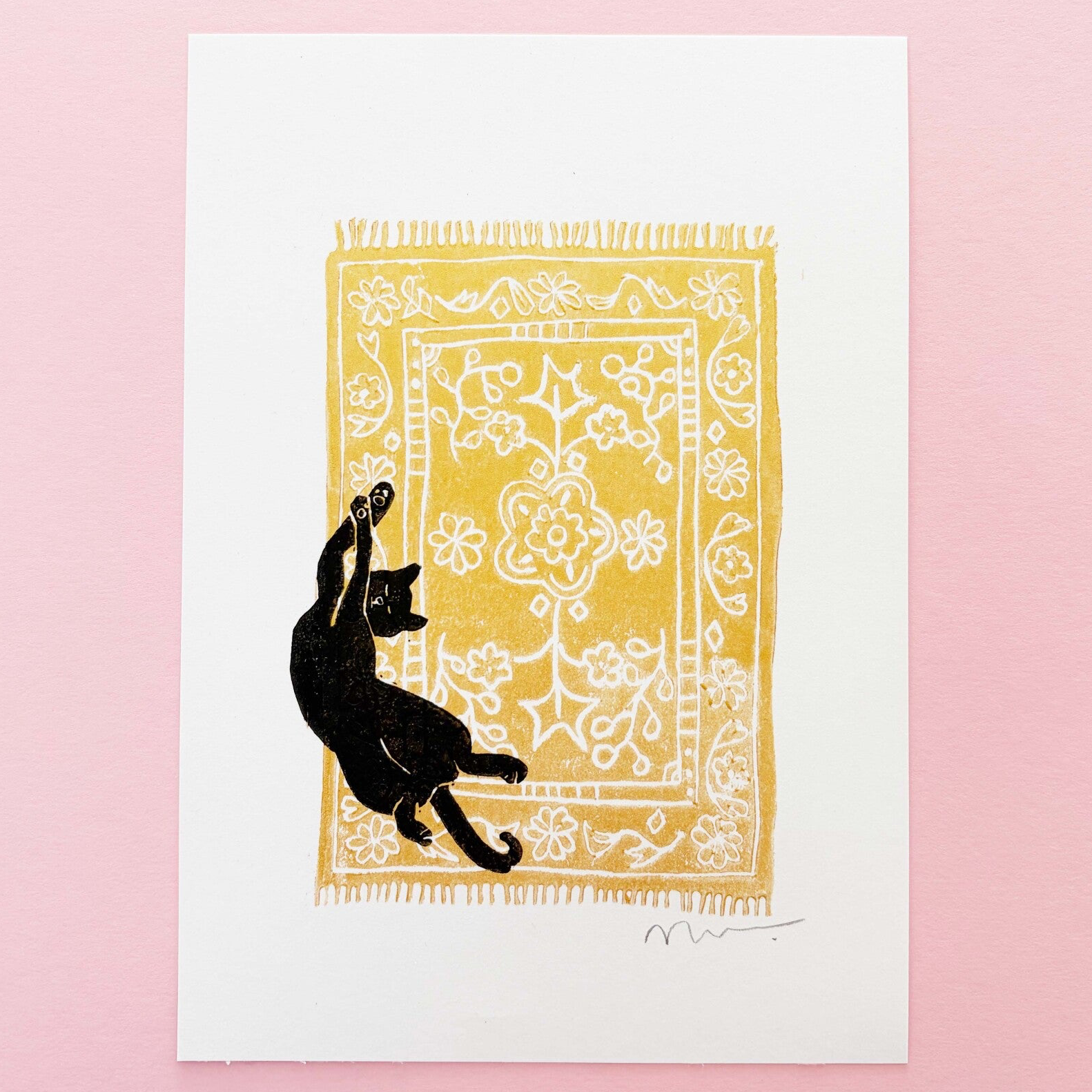 Lino print - kat op tapijt goud A5