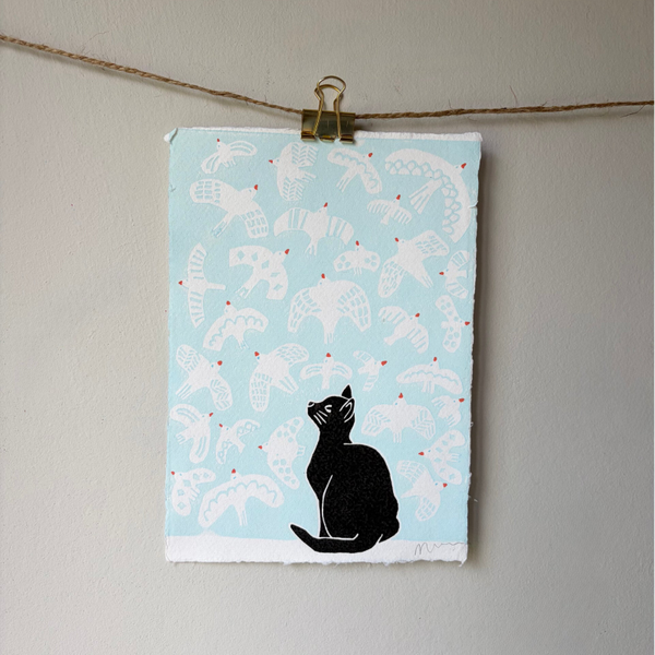 Lino print - birds outside A5