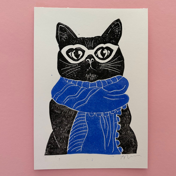 Lino print - fashion cat shawl A5
