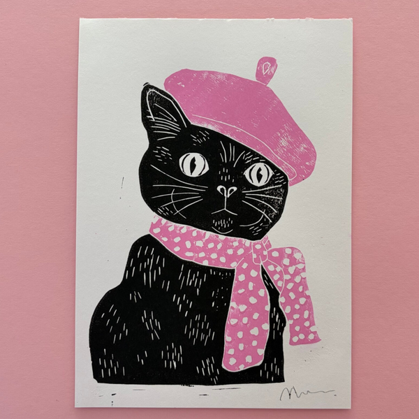 Lino print - fashion cat Parijs A5
