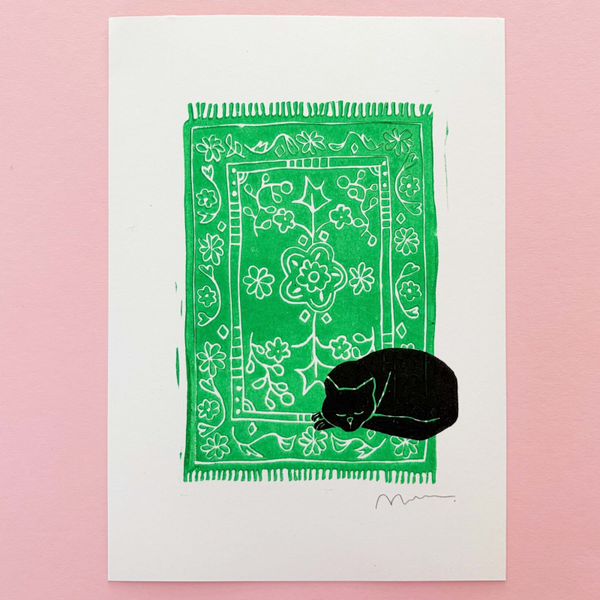 Lino print - kat op tapijt groen A5