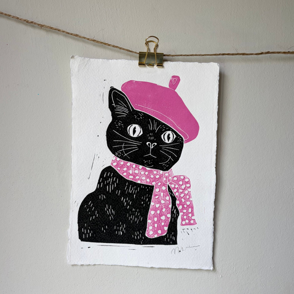 Lino print - fashion cat Paris A5
