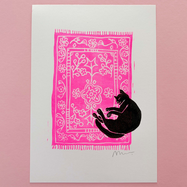 Lino print - kat op tapijt neon roze A5