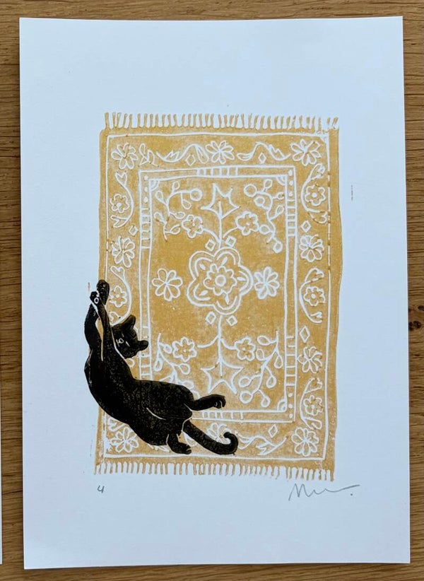 Lino print - kat op tapijt goud A5