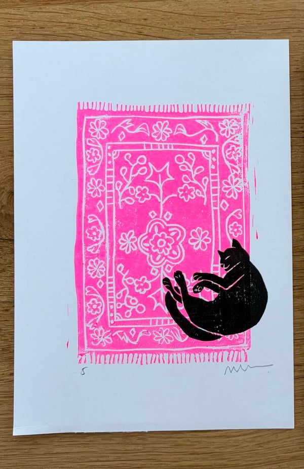 Lino print - kat op tapijt neon roze A5