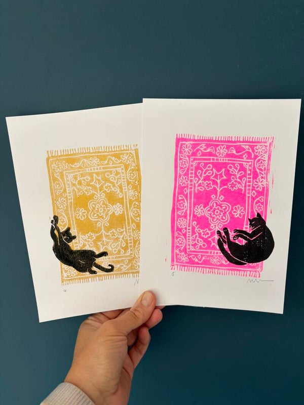 Lino print - set van 2 katten op tapijt