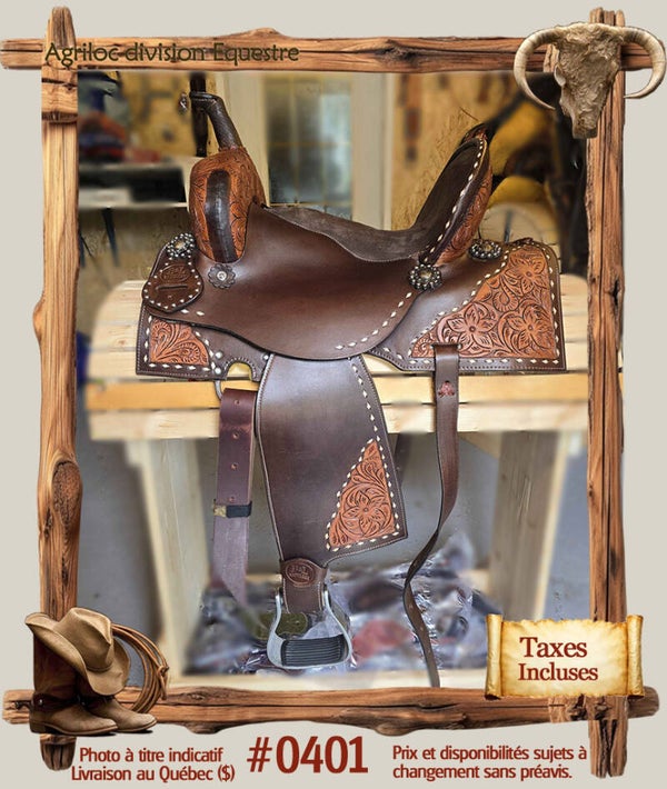 #401 Selle en cuir Western Barrel 15 pouces