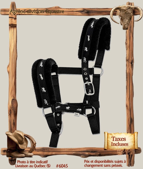 #6046NR Licol doublé polaire noir avec motifs chevaux argentés