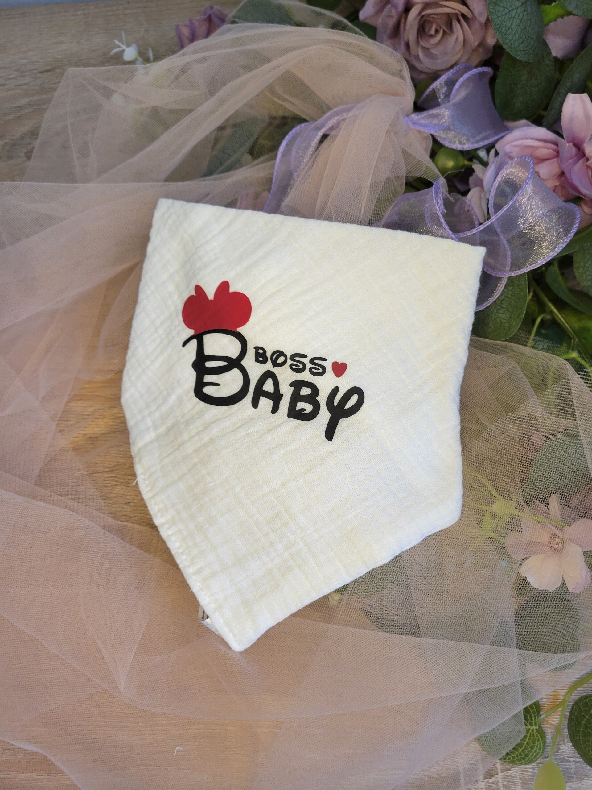 Bandana/Bavoir en Mousseline "Boss Baby et oreilles souris girl" (Coton Blanc) 👑