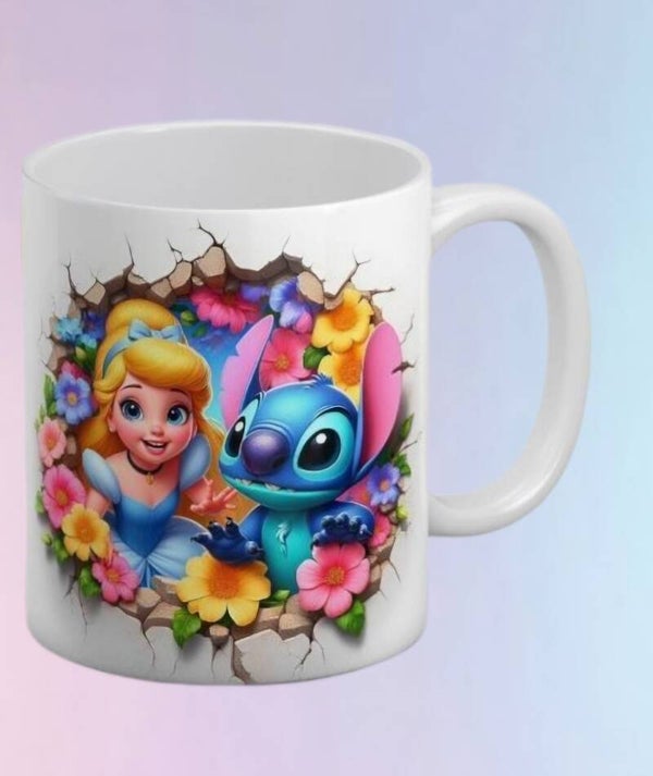 Mug Stitch & Princesse – effet 3D mur fleuri