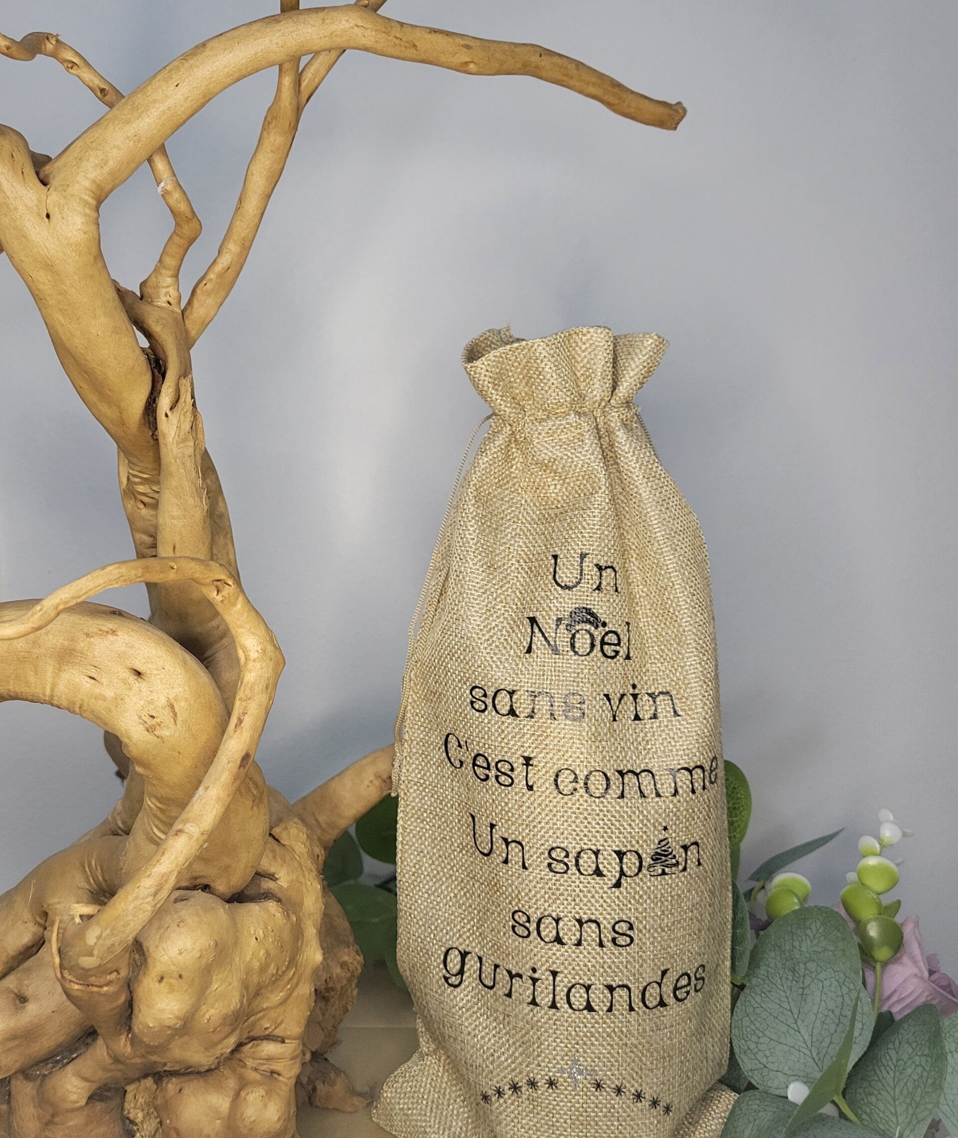 Pochon en Jute "Noël sans Vin" - Décoration Festive et Cadeau Humoristique