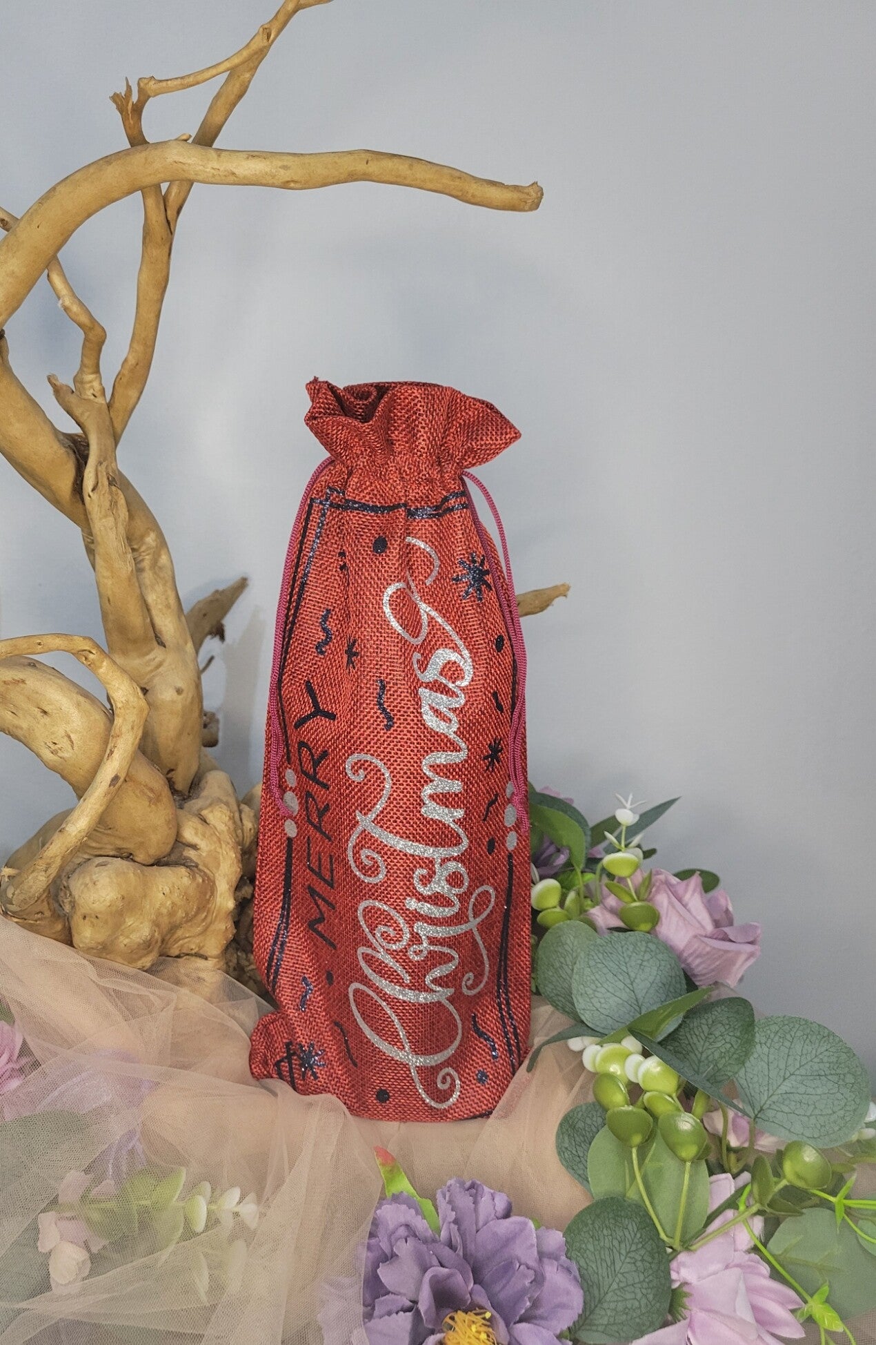 Sac Cadeau de Noël Rouge Scintillant - Pochette Bouteille "Merry Christmas"