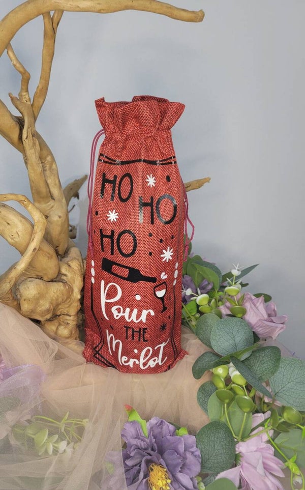 Sac Cadeau Bouteille "HO HO HO Pour the Merlot" | Emballage Vin Noël