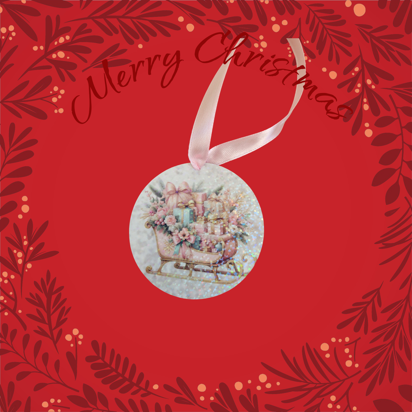 Boule Plate "Merry Christmas" | Traîneau Vintage et Fleurs Roses