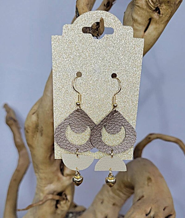 Boucles d'Oreilles Cœur et lune Simili Cuir | Pendentif Cœur Doré