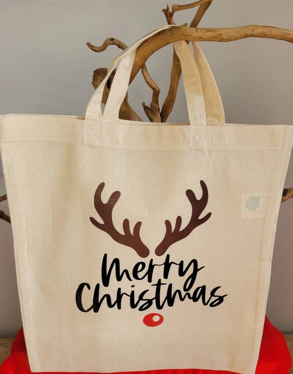 Tote Bag "Merry Christmas" Rennes et Nez Rouge - Sac de Noël Fait Main