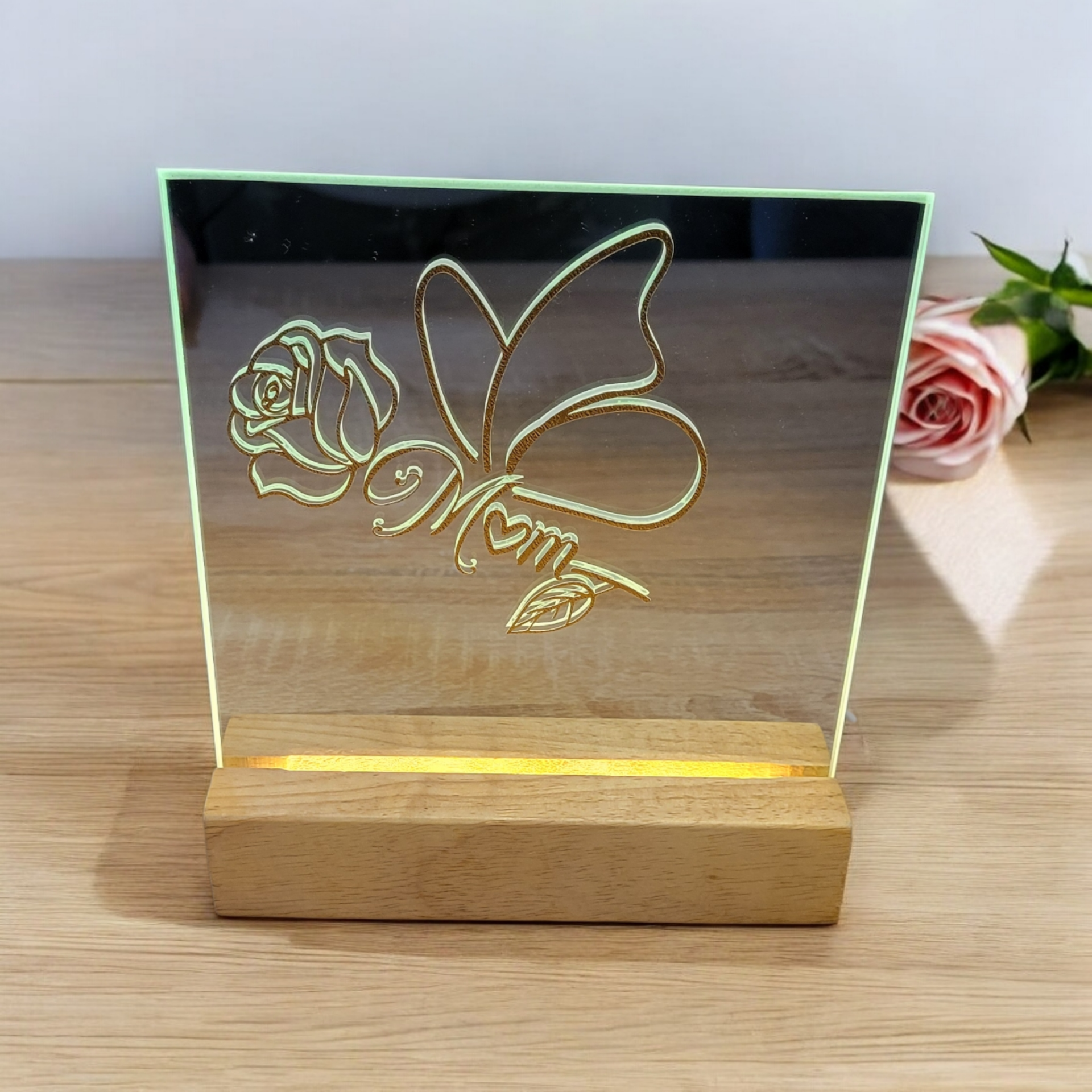 Miroir-Veilleuse "Maman" Artisanale & Personnalisée | Vinyle sur Acrylique & Socle Bois LED