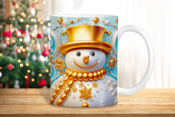 "Mug de Noël Élégant – Bonhomme de Neige au Chapeau Doré"