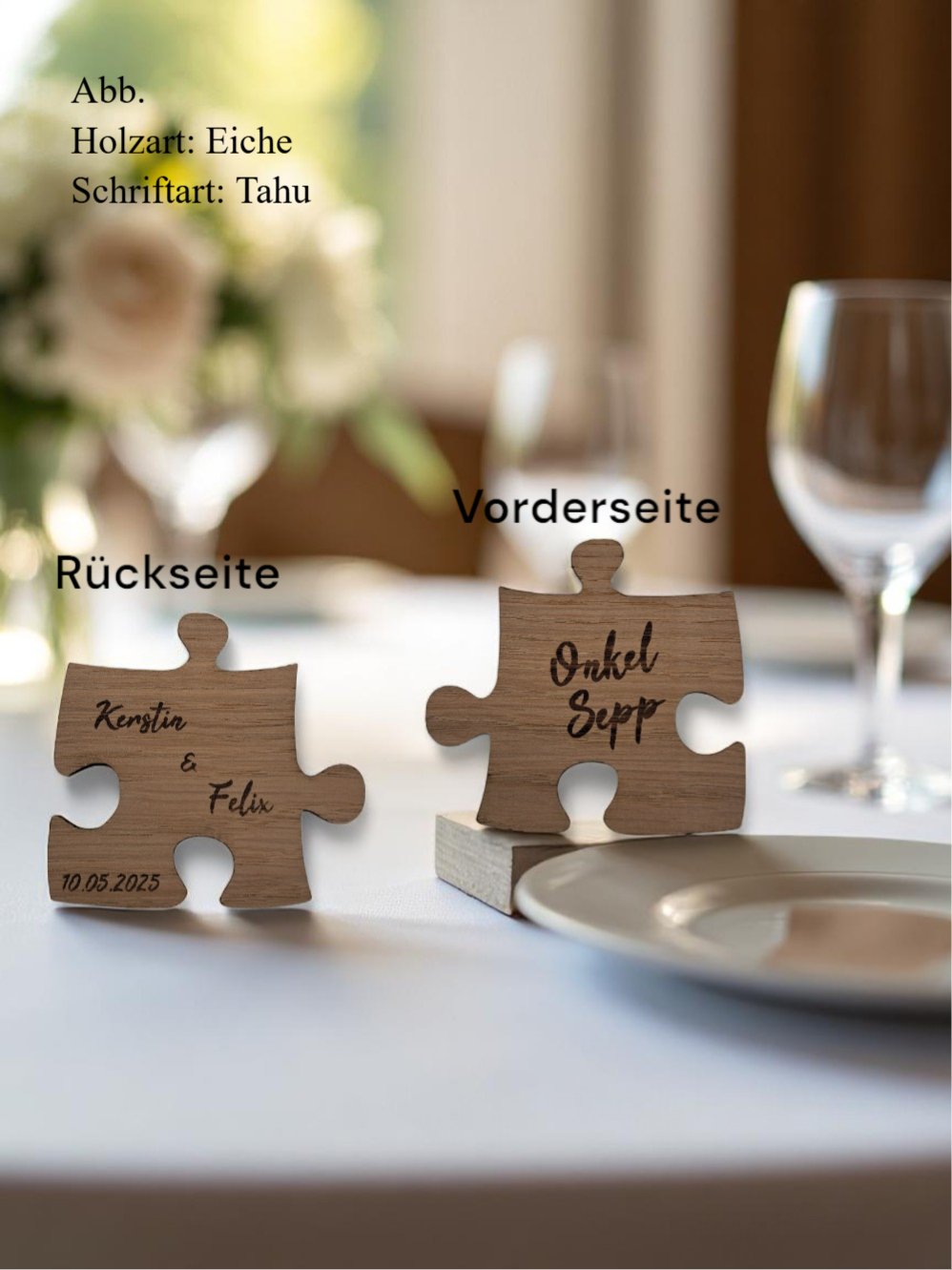 Personalisierte Puzzle-Tischkarte aus Massivolz – unvergessliches Hochzeitsdetail