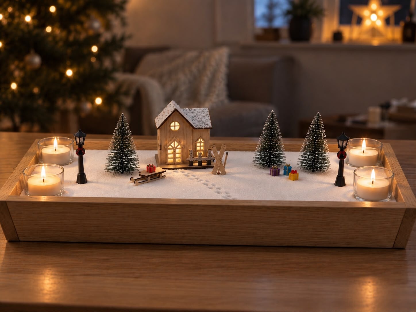 Wichtel-Weihnachtsdorf zum Selbstgestalten aus massiver Eiche – Winterlandschaft mit Schnee & Beleuchtung | Limitierte Edition