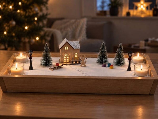 Wichtel-Weihnachtsdorf zum Selbstgestalten aus massiver Eiche – Winterlandschaft mit Schnee & Beleuchtung | Limitierte Edition