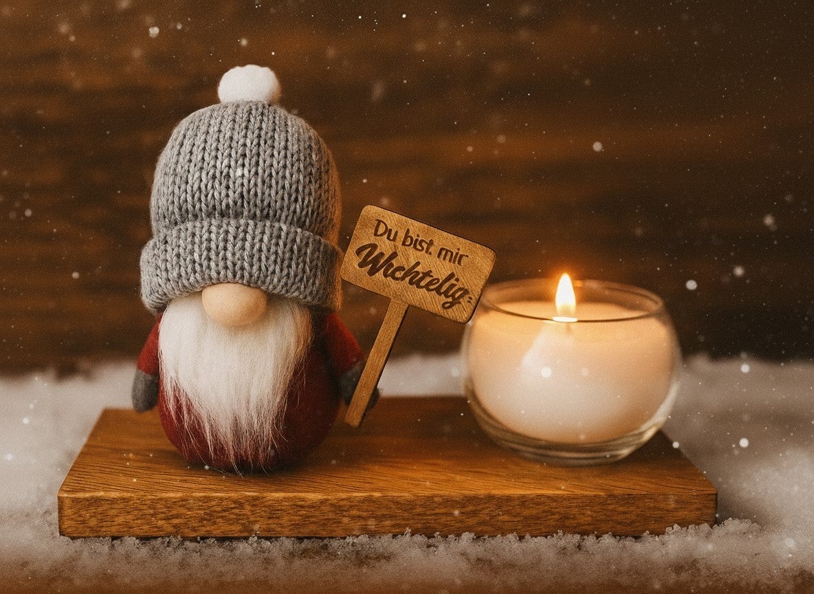 Wichtel-Geschenk auf Massivholz Eiche