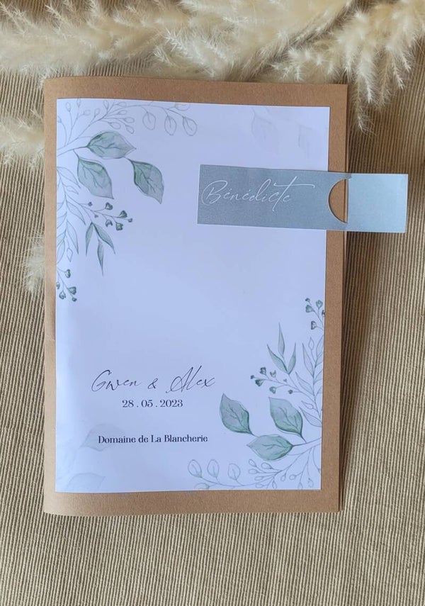 Pochette de table pour invités (Menu + Marque place + Cadeau invité + Jeu)