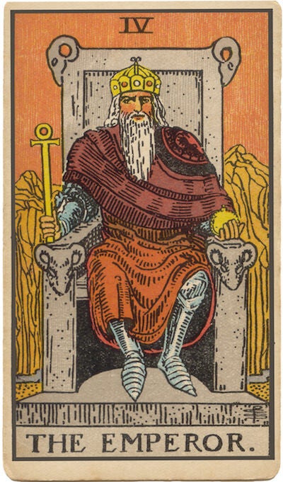 Carta de El Emperador del Tarot. Un hombre en un trono de piedra que simboliza la autoridad, el poder, el control, la estructura y la estabilidad.