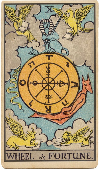 Carta de La Rueda de la Fortuna del Tarot. Una rueda con símbolos girando, que simboliza el destino, los ciclos de la vida, el cambio y la suerte.