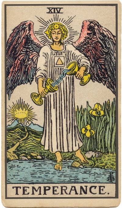 Carta de La Templanza del Tarot. Un ángel vierte líquido entre dos copas que simboliza el equilibrio, la moderación, la paciencia y la armonía.
