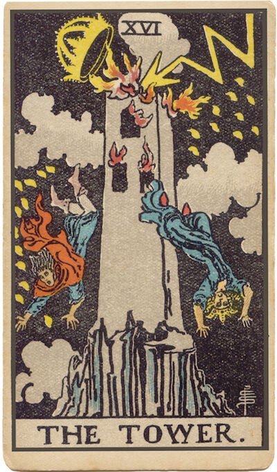 Carta de La Torre del Tarot. Una torre con relámpagos y personas cayendo, simbolizando la destrucción, el cambio repentino, la revelación y el caos.