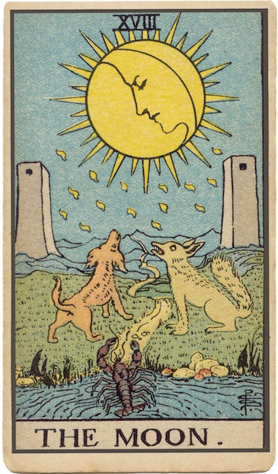 Carta de La Luna del Tarot. Un perro y un lobo aúllan a la luna, simbolizando la intuición, los sueños, el subconsciente, la ilusión y el miedo.