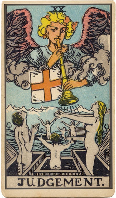Carta del Juicio del Tarot. Figuras resucitando de sus tumbas, que simboliza la resurrección, la evaluación, el llamado interior y la absolución.