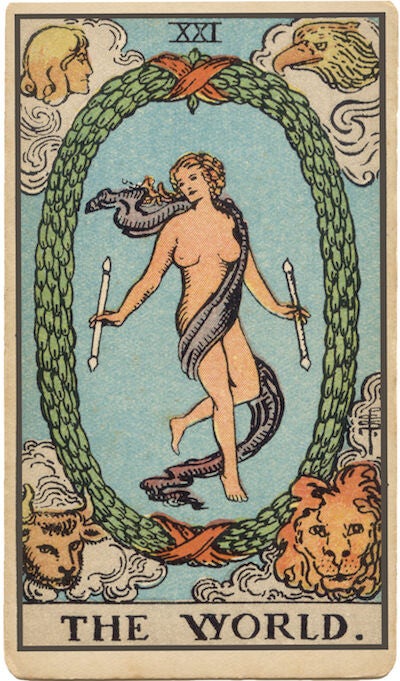 Carta de El Mundo del Tarot. Una mujer danzando en el centro de una corona de laurel, que simboliza la culminación, la integración, el éxito y la realización.