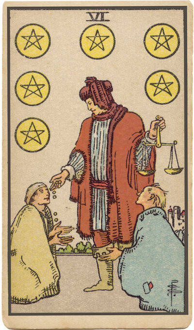 Carta de Seis de Oros. Una persona da dinero a dos mendigos, que simboliza la generosidad, el dar, el recibir y la caridad.