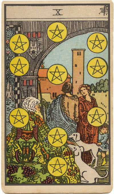 Carta de Diez de Oros. Una familia disfruta en un hogar lleno de riqueza, que simboliza la riqueza, la herencia, la tradición y la plenitud familiar.