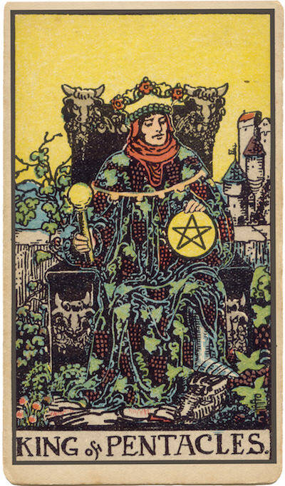 Carta de Rey de Oros. Un rey en un trono con una moneda de oro, que simboliza el poder, el éxito, el liderazgo y el control de las finanzas.