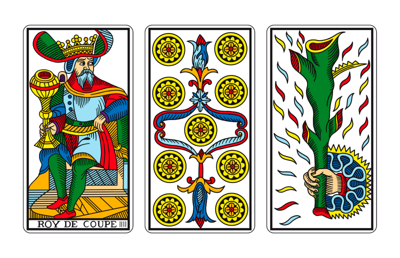 Tríada de Tarot: EL REY DE COPAS, EL DIEZ DE OROS Y EL AS DE BASTOS