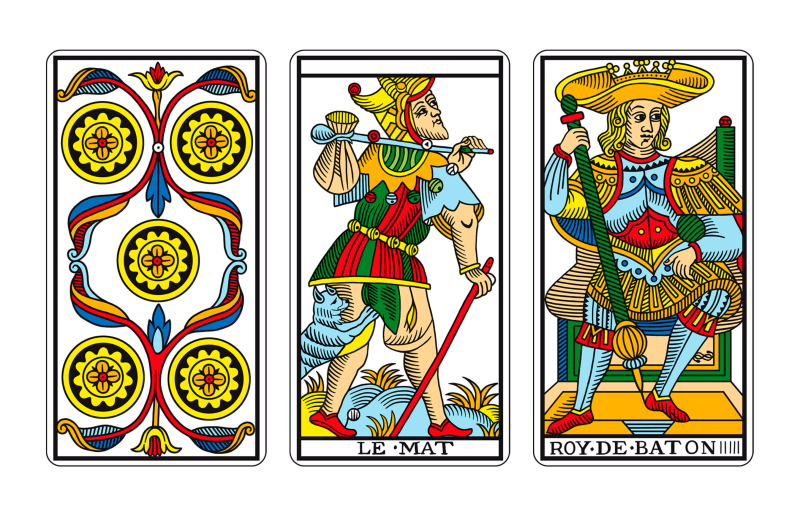 Tríada de Tarot: CINCO DE OROS, LOCO Y REY DE BASTOS