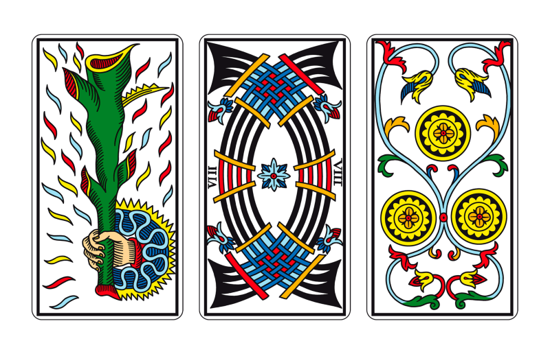 Tríada de Tarot: AS DE BASTOS, OCHO DE ESPADAS Y TRES DE OROS