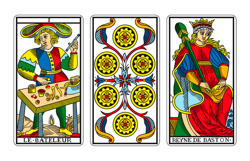 Tríada de Tarot: EL MAGO, EL SEIS DE OROS Y LA REINA DE BASTOS