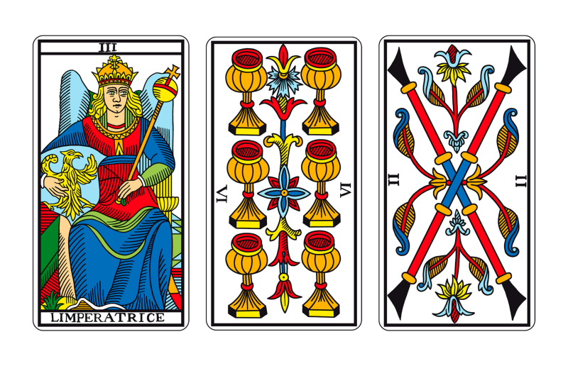 Tríada de Tarot: EMPERATRIZ, SEIS DE COPAS Y DOS DE BASTOS