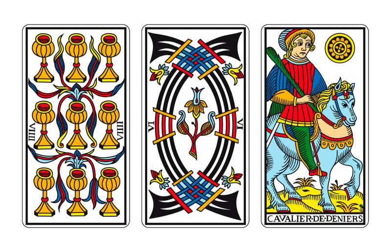 Tríada de Tarot: NUEVE DE COPAS, SEIS DE ESPADAS Y CABALLO DE OROS