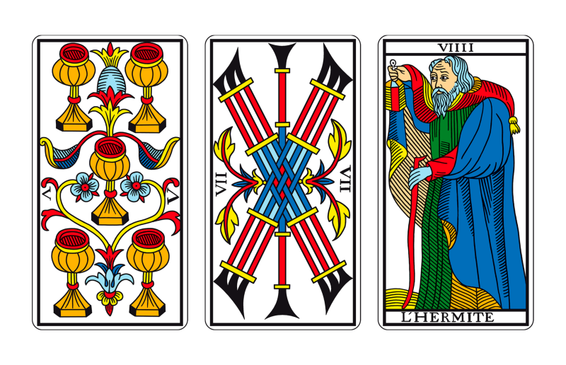 Tríada de Tarot: CINCO DE COPAS, SIETE DE BASTOS Y ERMITAÑO