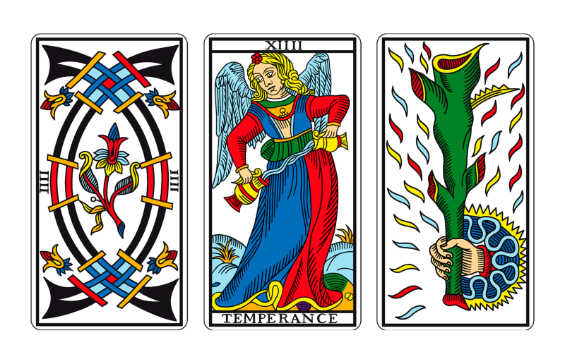 Tríada de Tarot: CUATRO DE ESPADAS, TEMPLANZA, AS DE BASTOS
