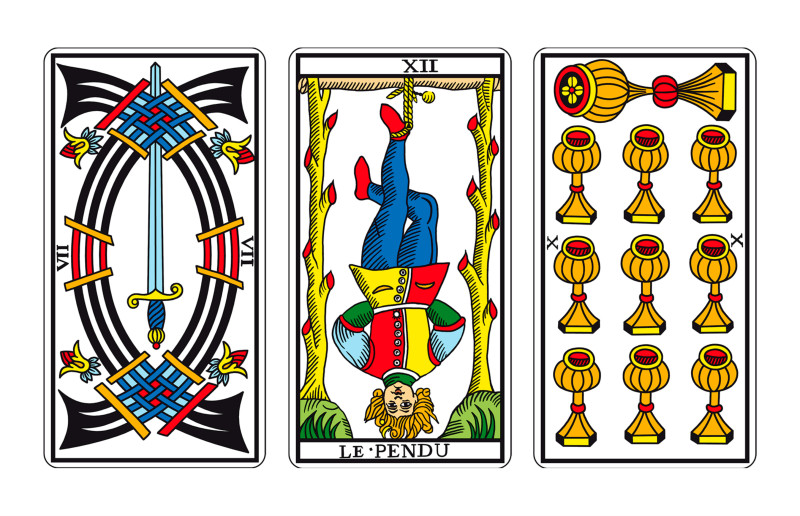 Tríada de Tarot: SIETE DE ESPADAS, COLGADO Y DIEZ DE COPAS
